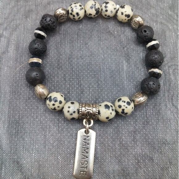 Dalmatian Jasper Beaded Bracelet Handmade Black Lava Stones Tibetan Silver Charm - Picture 6 of 10